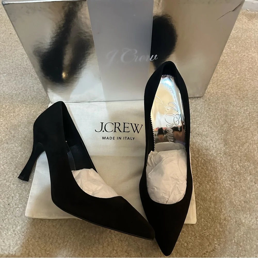 NWT J. Crew Elsie Black Solid Italian Suede Leather Pointed Toe Pump Heels 9